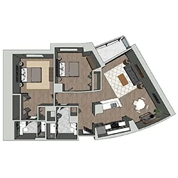 Floor plan of an apartment featuring three bedrooms, a kitchen, a living room, and two bathrooms. The layout shows an open living and dining area, with wood flooring and light-colored interiors.