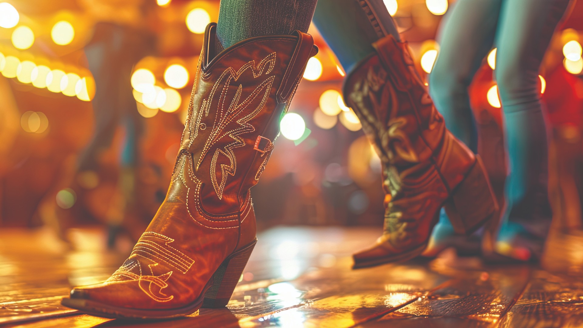 Close-up of people line dancing on a wooden floor, wearing intricately designed cowboy boots. The background is softly blurred with warm-toned lights, creating a lively and energetic atmosphere.