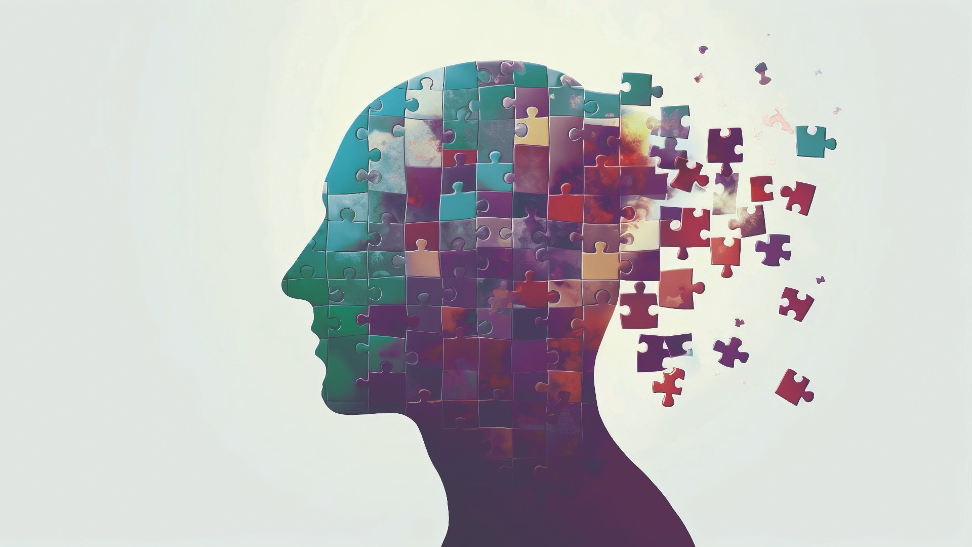 A silhouette of a human head made up of colorful puzzle pieces, with pieces on the right side dispersing into the air, symbolizing concepts like memory or identity. The background is soft and gradient.