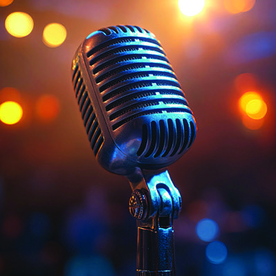 A microphone positioned in front of a stage, ready for a performance or presentation.